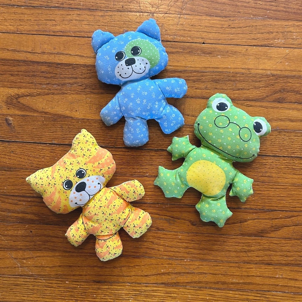 Vintage Calico Cotton Toy Set Cat Frog Dog 3pc Small Stuffed Animals Retro Decor